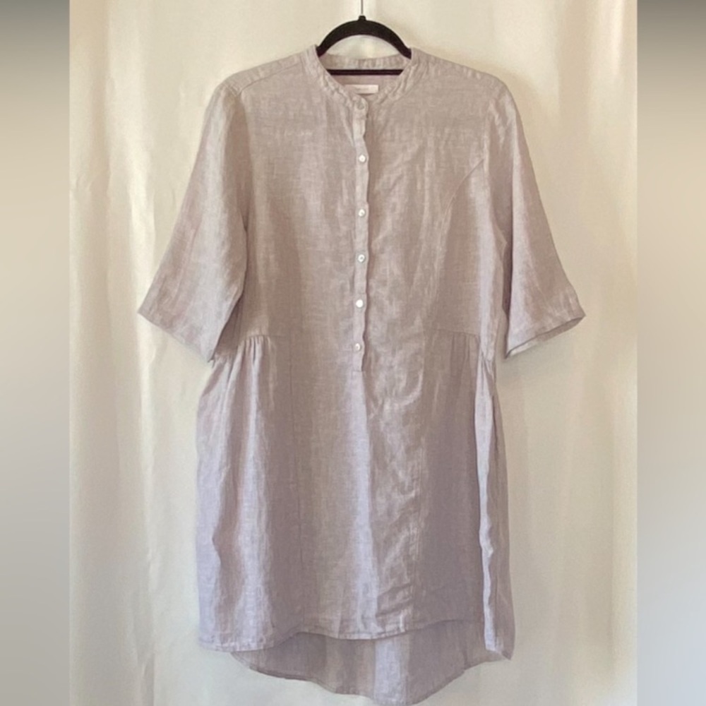 Women's Grey 100% Linen Dress MD Popover Lagenlook 3/4 Sleeve Coastal Grandma - Picture 2 of 13